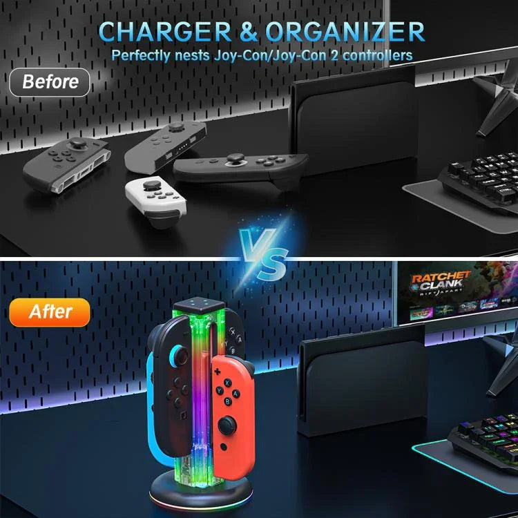 JYS NS2318 4合1遊戲手柄充電座帶RGB燈，適用於Nintendo Switch 1 / 2，JYS-NS2318