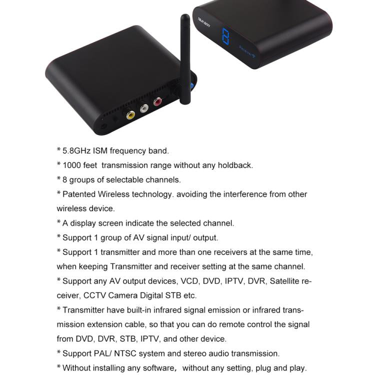 Measy AV530 5.8GHz 無線音頻/視頻發射器與接收器，距離：300米，AV530 黑色