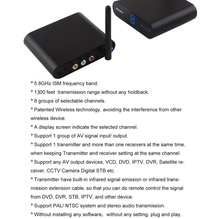 Measy AV540 5.8GHz 無線音頻/視頻發射器與接收器，帶紅外回傳功能，距離：400米，AV540 黑色