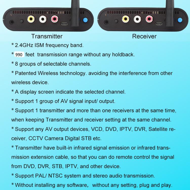 Measy AV230 2.4GHz 無線音頻/視頻發射器與接收器，帶紅外回傳功能，距離：300米，AV230 黑色