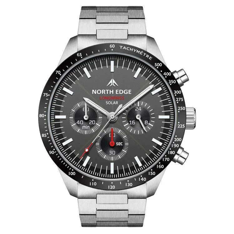 NORTH EDGE LONGWINGS Outdoor Men Solar Charging Stainless Steel Strap Sports Watch