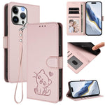 Embossed Heart Cat Leather Phone Case with Hand Strap, For iPhone Air, For iPhone 16 Pro Max, For iPhone 16 Pro, For iPhone 16 Plus