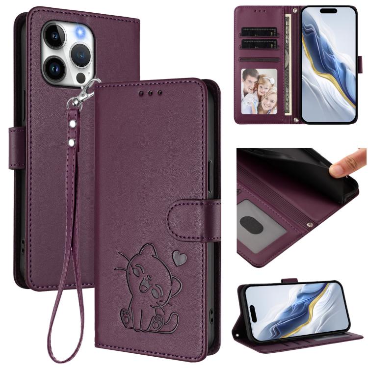 Embossed Heart Cat Leather Phone Case with Hand Strap, For iPhone Air, For iPhone 16 Pro Max, For iPhone 16 Pro, For iPhone 16 Plus