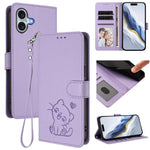 Embossed Heart Cat Leather Phone Case with Hand Strap, For iPhone Air, For iPhone 16 Pro Max, For iPhone 16 Pro, For iPhone 16 Plus