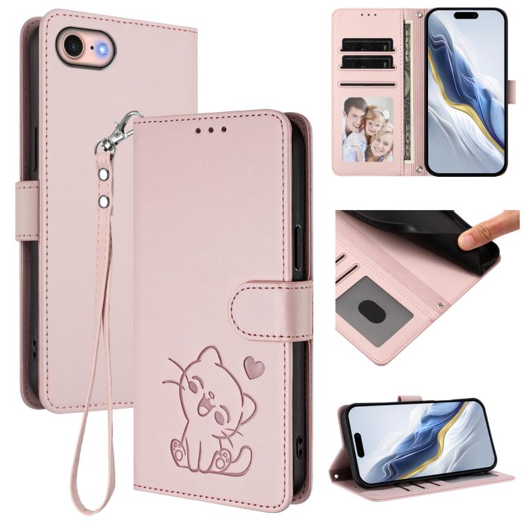 壓紋心形貓咪皮革手機殼附手帶，適用於 iPhone 14 Pro Max、iPhone 7 / 8 / SE 2022、iPhone 13 Pro Max、iPhone 13 Pro