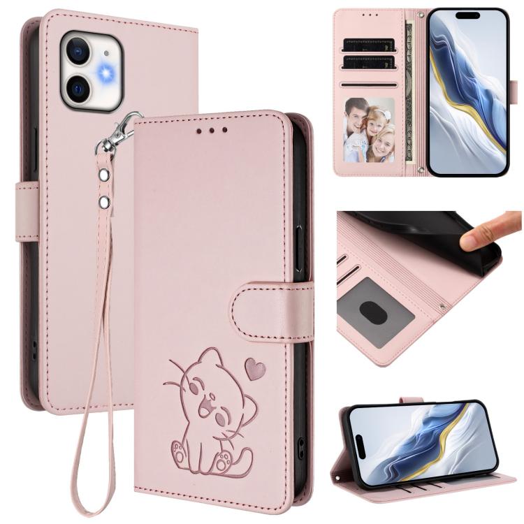 浮雕愛心貓皮革手機殼附手帶，適用於 iPhone 11 Pro Max、iPhone 11、iPhone 11 Pro、iPhone X / XS