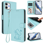 浮雕愛心貓皮革手機殼附手帶，適用於 iPhone 11 Pro Max、iPhone 11、iPhone 11 Pro、iPhone X / XS