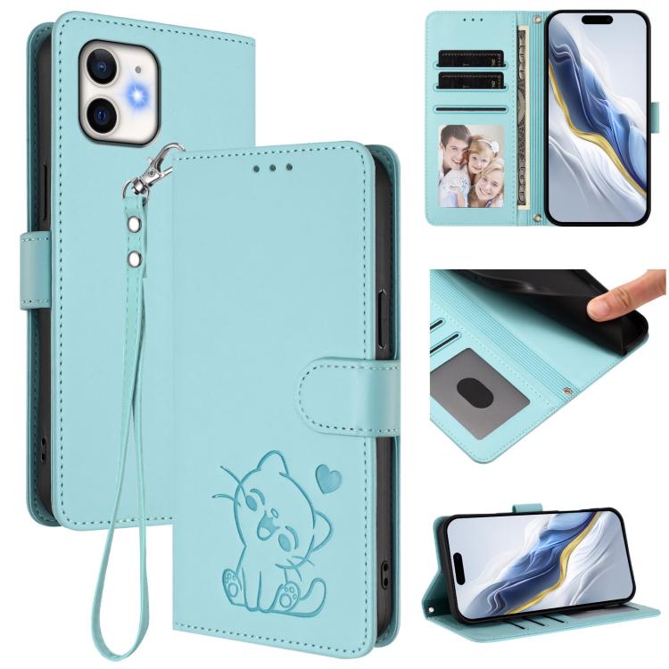 浮雕愛心貓皮革手機殼附手帶，適用於 iPhone 11 Pro Max、iPhone 11、iPhone 11 Pro、iPhone X / XS