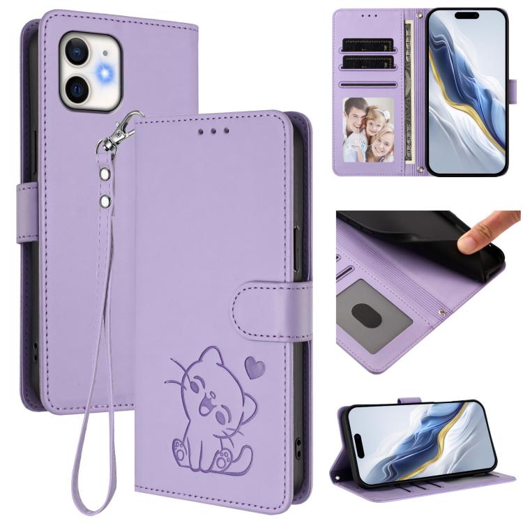 浮雕愛心貓皮革手機殼附手帶，適用於 iPhone 11 Pro Max、iPhone 11、iPhone 11 Pro、iPhone X / XS