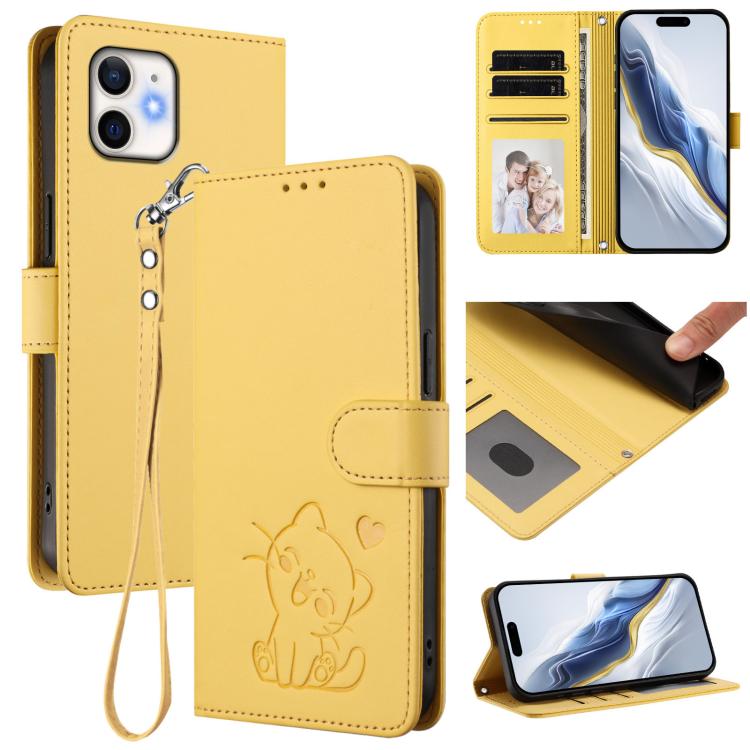 浮雕愛心貓皮革手機殼附手帶，適用於 iPhone 11 Pro Max、iPhone 11、iPhone 11 Pro、iPhone X / XS