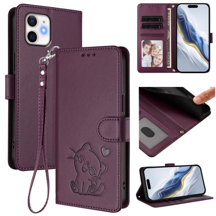 浮雕愛心貓皮革手機殼附手帶，適用於 iPhone 11 Pro Max、iPhone 11、iPhone 11 Pro、iPhone X / XS