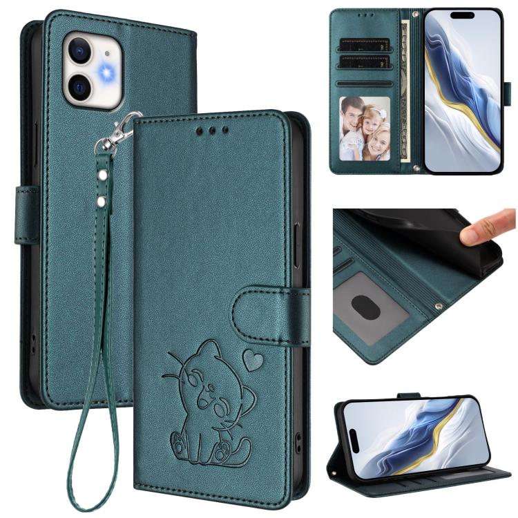浮雕愛心貓皮革手機殼附手帶，適用於 iPhone 11 Pro Max、iPhone 11、iPhone 11 Pro、iPhone X / XS