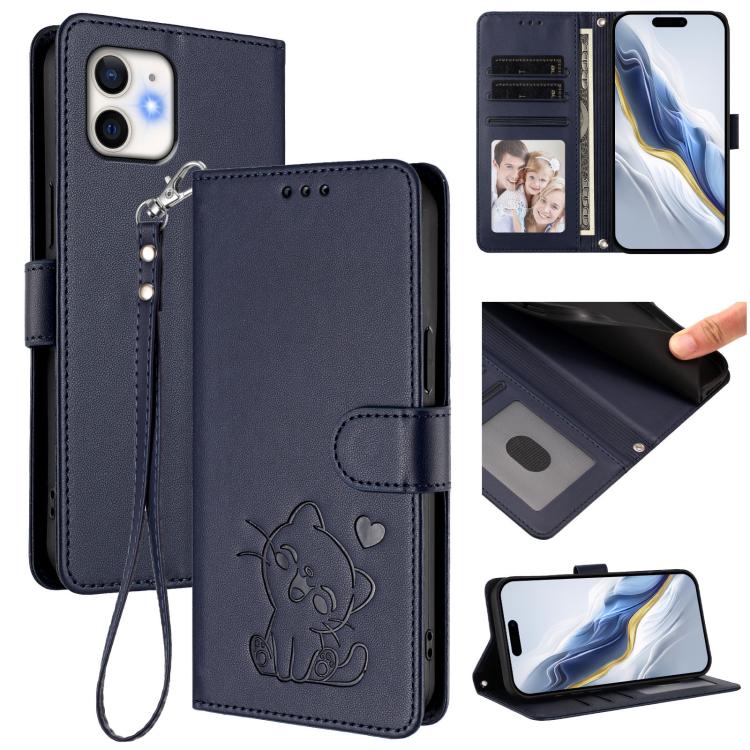 浮雕愛心貓皮革手機殼附手帶，適用於 iPhone 11 Pro Max、iPhone 11、iPhone 11 Pro、iPhone X / XS