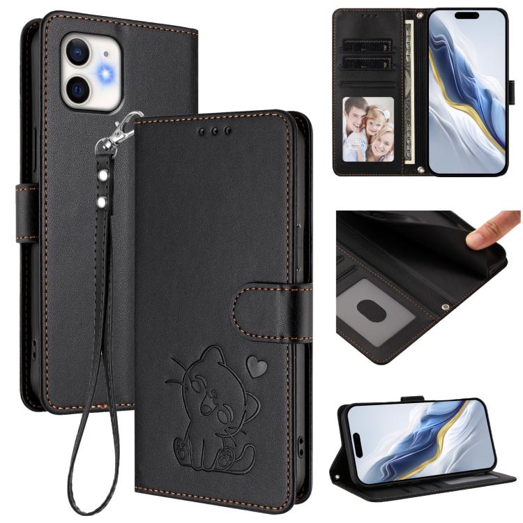 浮雕愛心貓皮革手機殼附手帶，適用於 iPhone 11 Pro Max、iPhone 11、iPhone 11 Pro、iPhone X / XS