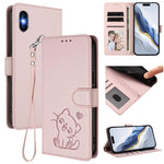 浮雕愛心貓皮革手機殼附手帶，適用於 iPhone 11 Pro Max、iPhone 11、iPhone 11 Pro、iPhone X / XS