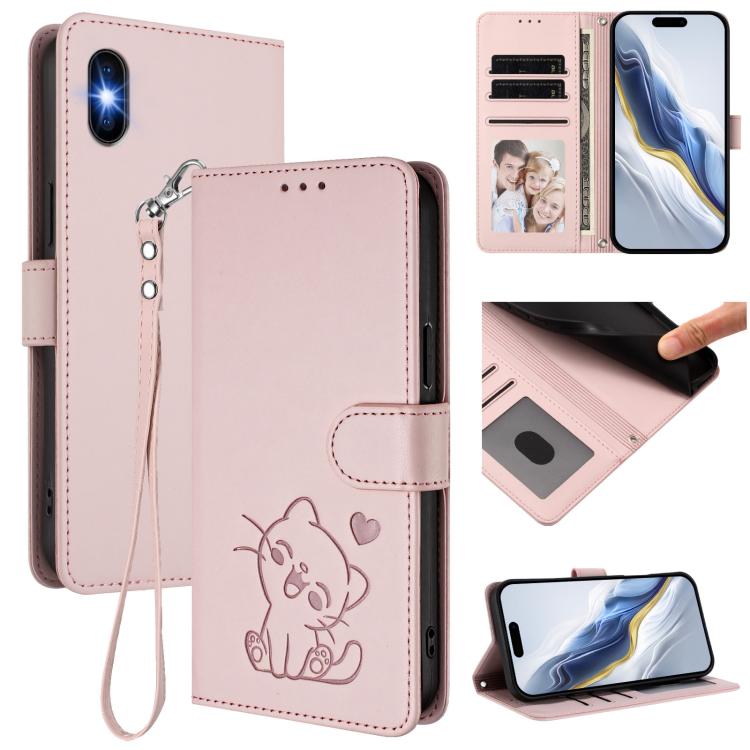浮雕愛心貓皮革手機殼附手帶，適用於 iPhone 11 Pro Max、iPhone 11、iPhone 11 Pro、iPhone X / XS