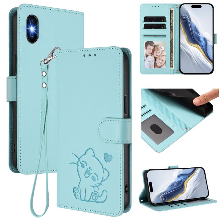浮雕愛心貓皮革手機殼附手帶，適用於 iPhone 11 Pro Max、iPhone 11、iPhone 11 Pro、iPhone X / XS