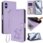浮雕愛心貓皮革手機殼附手帶，適用於 iPhone 11 Pro Max、iPhone 11、iPhone 11 Pro、iPhone X / XS