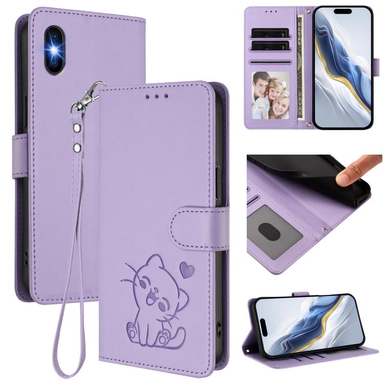 浮雕愛心貓皮革手機殼附手帶，適用於 iPhone 11 Pro Max、iPhone 11、iPhone 11 Pro、iPhone X / XS