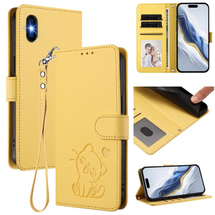 浮雕愛心貓皮革手機殼附手帶，適用於 iPhone 11 Pro Max、iPhone 11、iPhone 11 Pro、iPhone X / XS