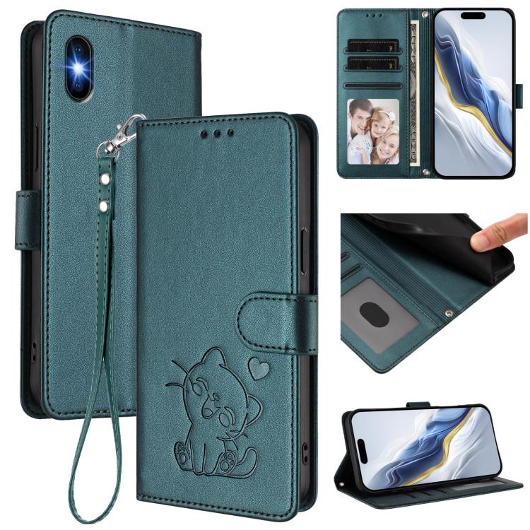 浮雕愛心貓皮革手機殼附手帶，適用於 iPhone 11 Pro Max、iPhone 11、iPhone 11 Pro、iPhone X / XS