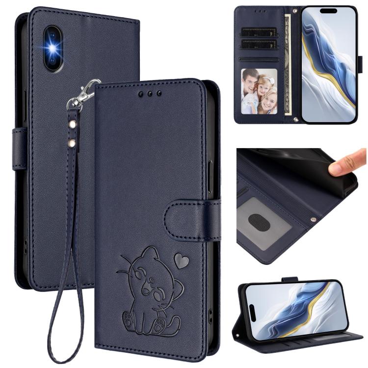 浮雕愛心貓皮革手機殼附手帶，適用於 iPhone 11 Pro Max、iPhone 11、iPhone 11 Pro、iPhone X / XS