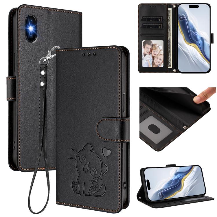 浮雕愛心貓皮革手機殼附手帶，適用於 iPhone 11 Pro Max、iPhone 11、iPhone 11 Pro、iPhone X / XS