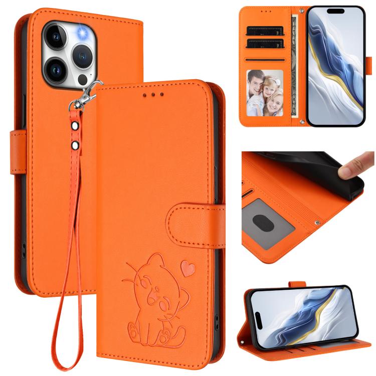 Embossed Heart Cat Leather Phone Case with Hand Strap, For iPhone 15, For iPhone 14 Plus, For iPhone 14 / 13, For iPhone 14 Pro
