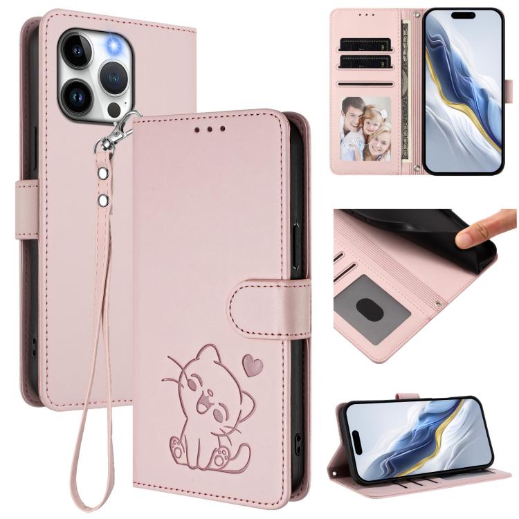 壓紋心形貓咪皮革手機殼附手帶，適用於 iPhone 14 Pro Max、iPhone 7 / 8 / SE 2022、iPhone 13 Pro Max、iPhone 13 Pro