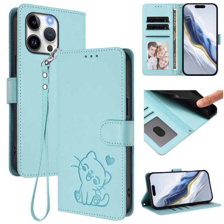 壓紋心形貓咪皮革手機殼附手帶，適用於 iPhone 14 Pro Max、iPhone 7 / 8 / SE 2022、iPhone 13 Pro Max、iPhone 13 Pro