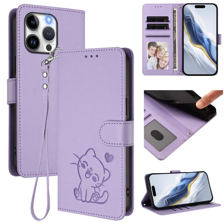 壓紋心形貓咪皮革手機殼附手帶，適用於 iPhone 14 Pro Max、iPhone 7 / 8 / SE 2022、iPhone 13 Pro Max、iPhone 13 Pro