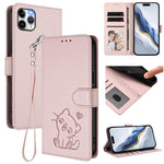 浮雕愛心貓皮革手機殼附手帶，適用於 iPhone 11 Pro Max、iPhone 11、iPhone 11 Pro、iPhone X / XS