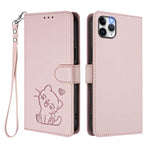浮雕愛心貓皮革手機殼附手帶，適用於 iPhone 11 Pro Max、iPhone 11、iPhone 11 Pro、iPhone X / XS