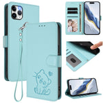 浮雕愛心貓皮革手機殼附手帶，適用於 iPhone 11 Pro Max、iPhone 11、iPhone 11 Pro、iPhone X / XS