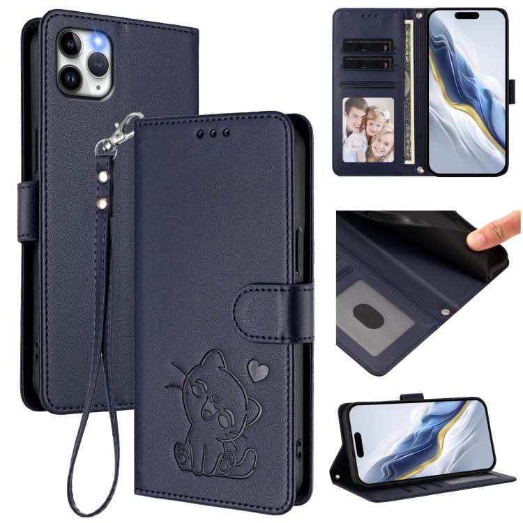 浮雕愛心貓皮革手機殼附手帶，適用於 iPhone 11 Pro Max、iPhone 11、iPhone 11 Pro、iPhone X / XS