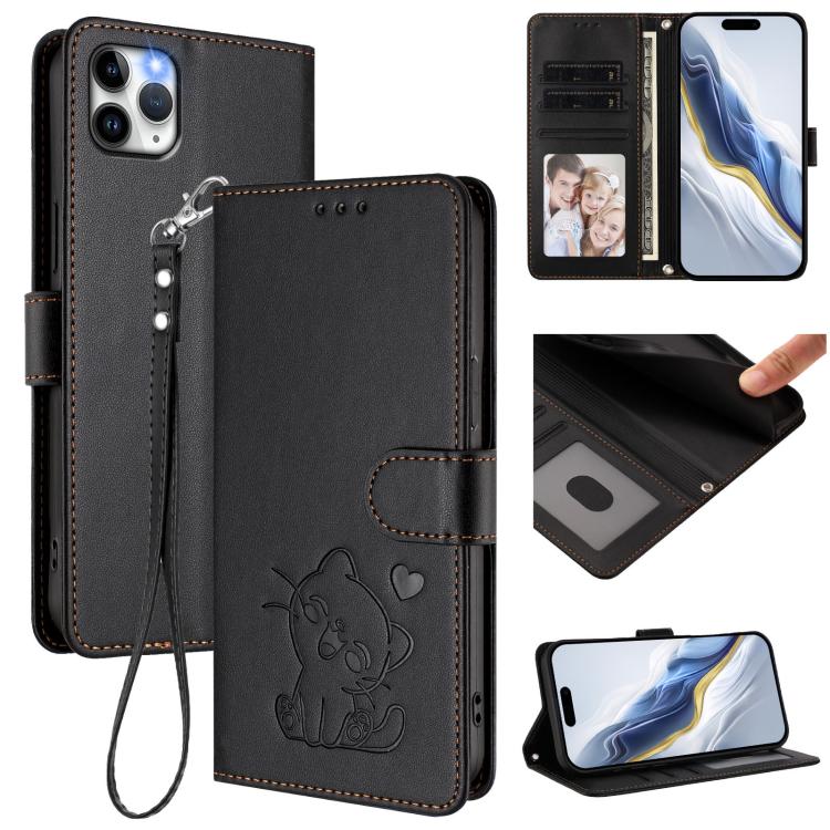 浮雕愛心貓皮革手機殼附手帶，適用於 iPhone 11 Pro Max、iPhone 11、iPhone 11 Pro、iPhone X / XS