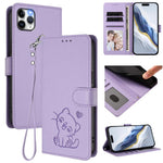 浮雕愛心貓皮革手機殼附手帶，適用於 iPhone 11 Pro Max、iPhone 11、iPhone 11 Pro、iPhone X / XS