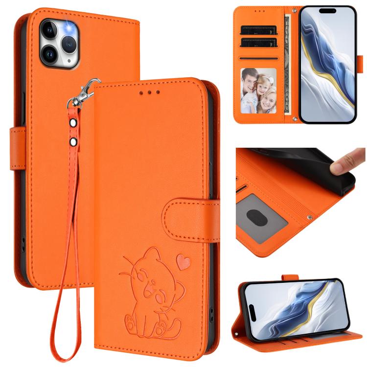 浮雕愛心貓皮革手機殼附手帶，適用於 iPhone 11 Pro Max、iPhone 11、iPhone 11 Pro、iPhone X / XS