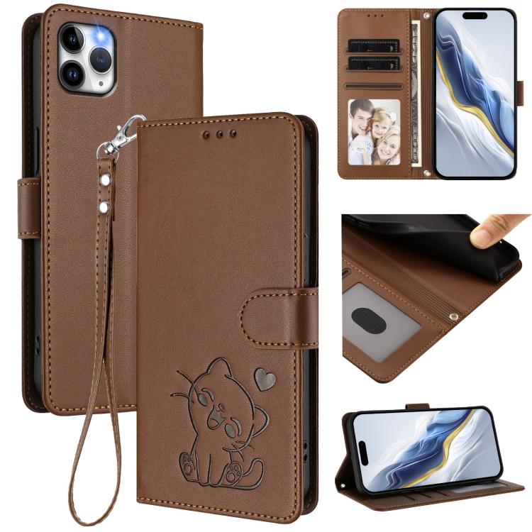 浮雕愛心貓皮革手機殼附手帶，適用於 iPhone 11 Pro Max、iPhone 11、iPhone 11 Pro、iPhone X / XS