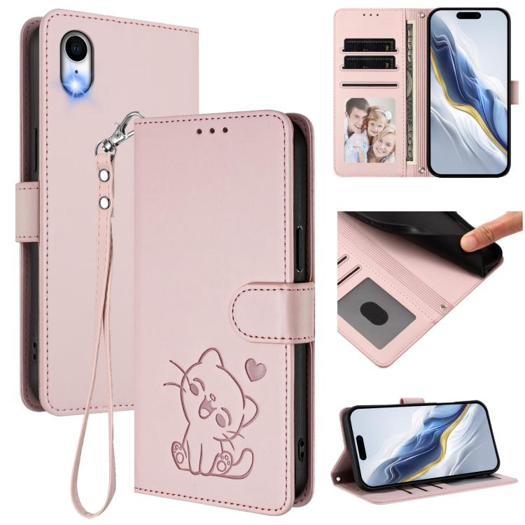 Embossed Heart Cat Leather Phone Case with Hand Strap, For iPhone XR, For iPhone XS Max, For iPhone 7 Plus / 8 Plus