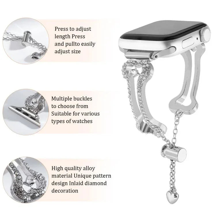 骨鏈形鑽石金屬錶帶，適用於 Apple Watch 46mm / 49mm / 45mm / 44mm，適用於 Apple Watch 42mm / 41mm / 40mm / 38mm