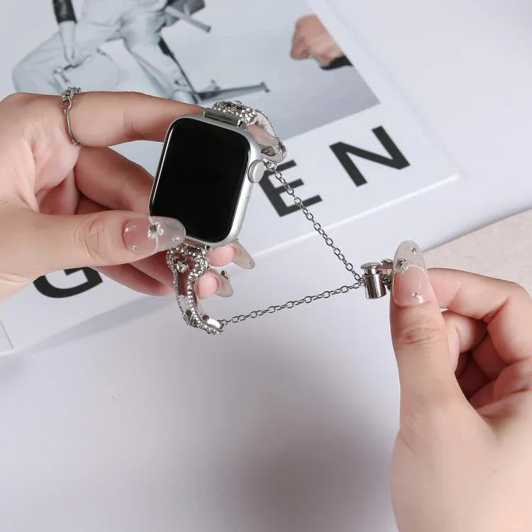 骨鏈形鑽石金屬錶帶，適用於 Apple Watch 46mm / 49mm / 45mm / 44mm，適用於 Apple Watch 42mm / 41mm / 40mm / 38mm