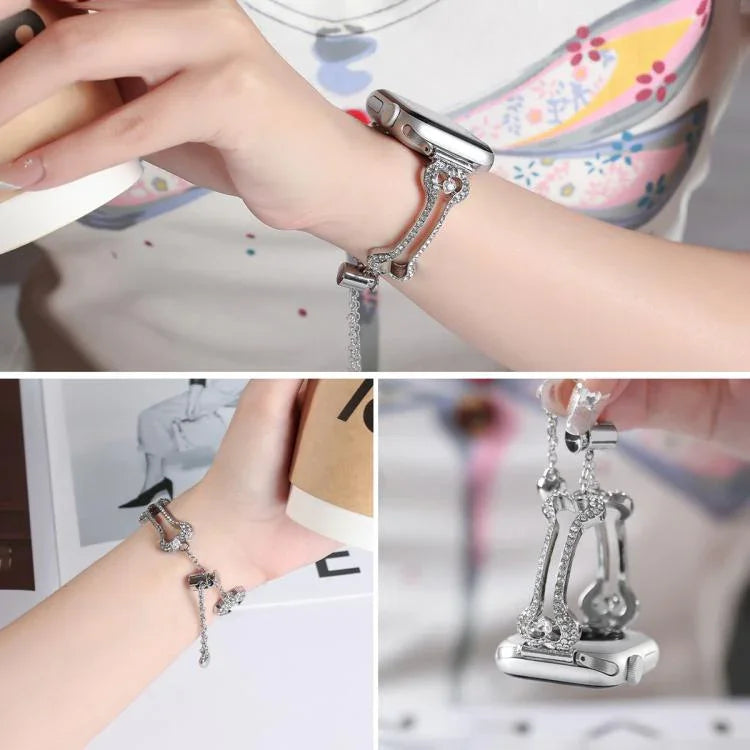 骨鏈形鑽石金屬錶帶，適用於 Apple Watch 46mm / 49mm / 45mm / 44mm，適用於 Apple Watch 42mm / 41mm / 40mm / 38mm