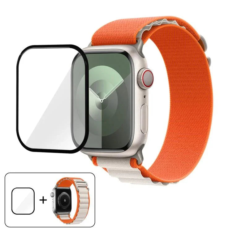 扣環環尼龍錶帶搭配 3D 曲面膜，適用於 Apple Watch Series 10 46mm