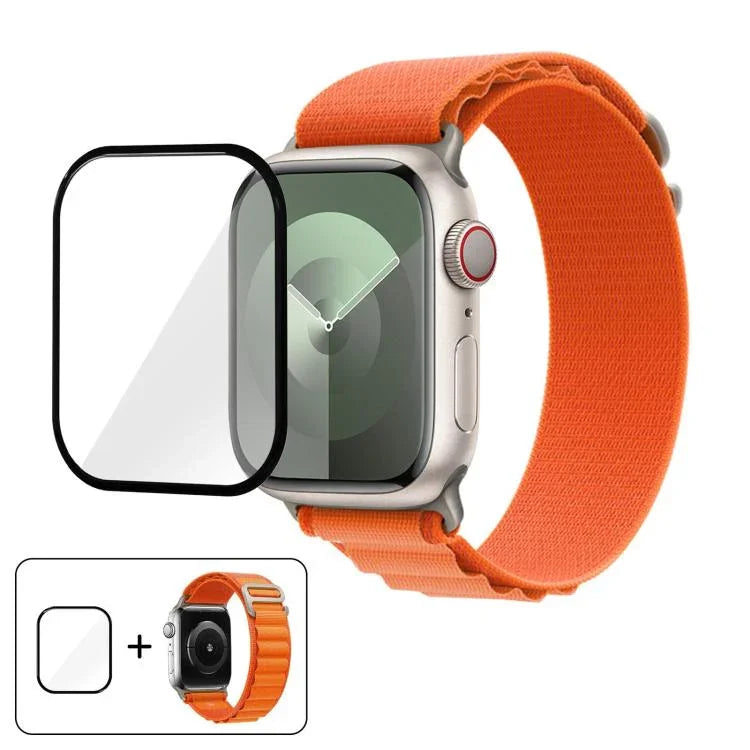 扣環環尼龍錶帶搭配 3D 曲面膜，適用於 Apple Watch Series 10 46mm