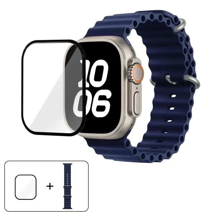帶有3D曲面膜的海洋矽膠錶帶，適用於Apple Watch系列40毫米，Apple Watch Ultra 2 / 1 49毫米，Apple Watch系列45毫米