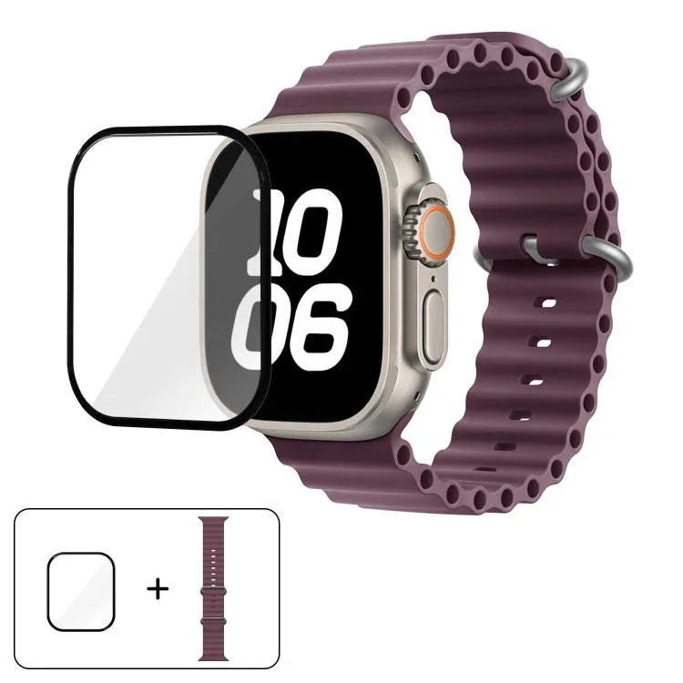 帶有3D曲面膜的海洋矽膠錶帶，適用於Apple Watch系列40毫米，Apple Watch Ultra 2 / 1 49毫米，Apple Watch系列45毫米