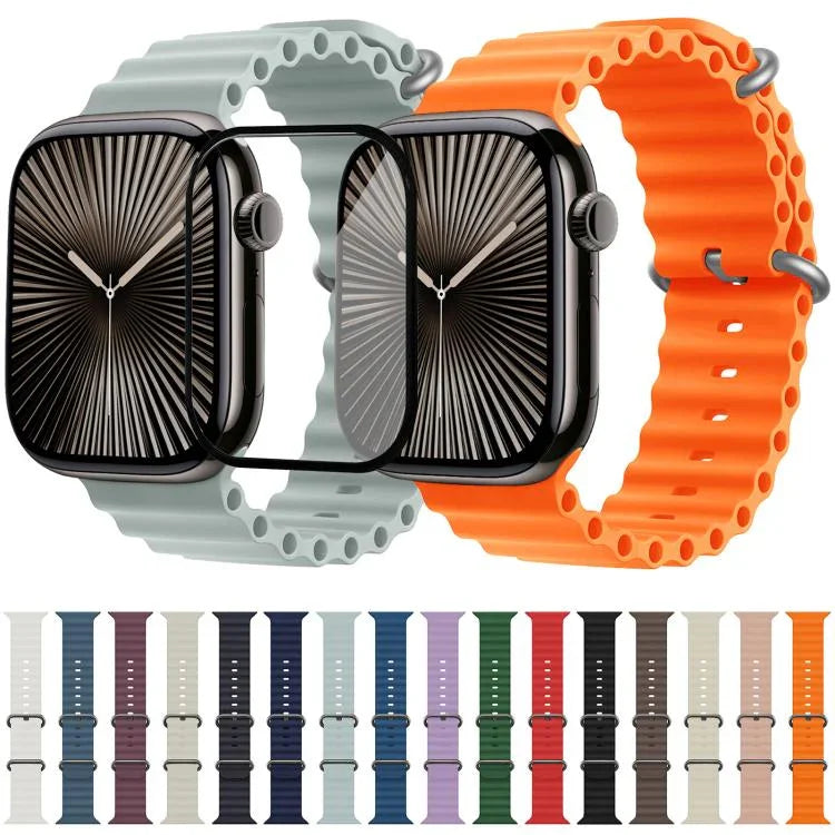 帶有3D曲面膜的海洋矽膠錶帶，適用於Apple Watch系列10 46毫米，Apple Watch系列10 42毫米，Apple Watch系列44毫米