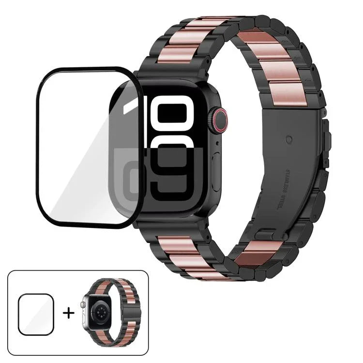 三珠不鏽鋼錶帶搭配3D曲面膜，適用於Apple Watch系列10 46mm、10 42mm、44mm、40mm