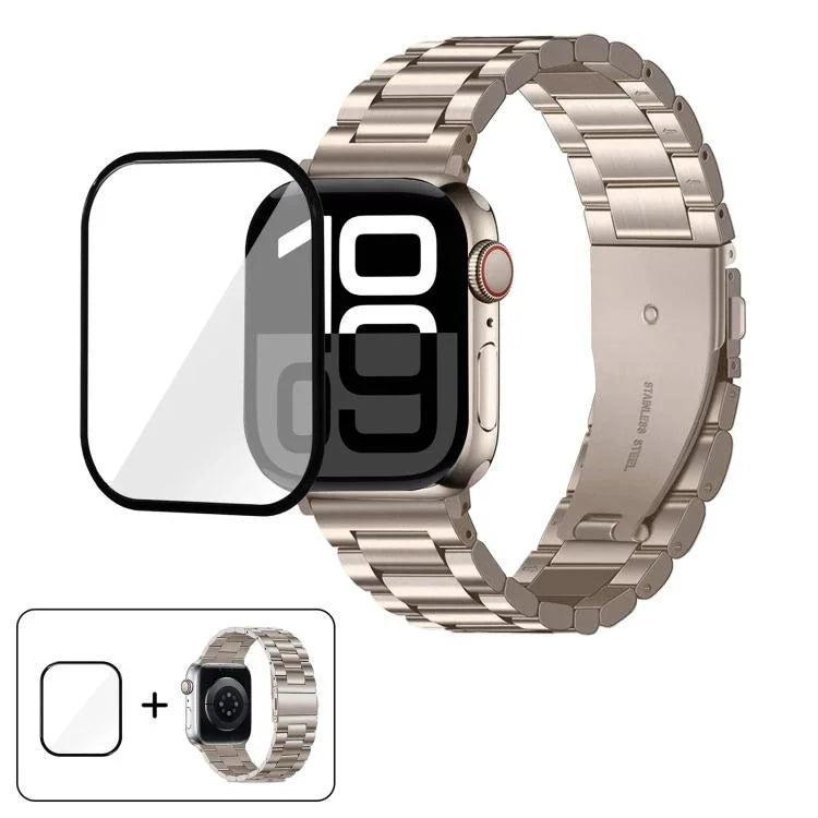 三珠不鏽鋼錶帶搭配3D曲面膜，適用於Apple Watch系列10 46mm、10 42mm、44mm、40mm